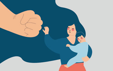 An illustration of a large fist against a woman with a child