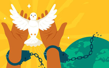 Illustration of 2 hands chained releasing a dove