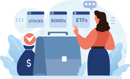 Women looking at signs of Stocks, Bonds and ETFs